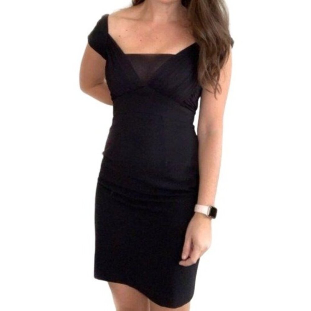 Black Halo Cocktail Dress Size 6 Cap Sleeve Black Sheer Gathered Ruched